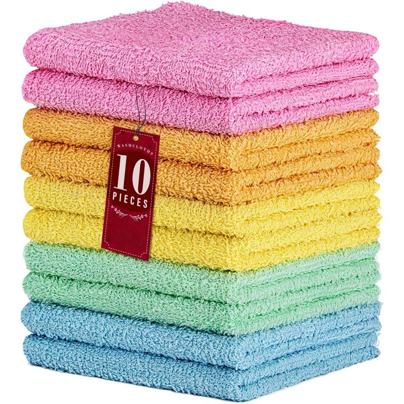 10 Pack Cotton Wash Cloth,Soft, 12 x 12 inch Absorbent, Machine Washable Washcloths, Assorted Colors (10 Pack)