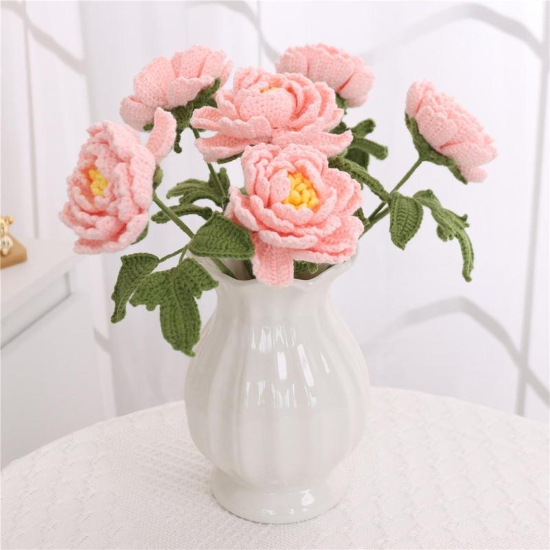 Artificial Peony Bouquet, 6 Counts Handmade Crochet Knitting Faux Flower Bouquet, Decorative Flowers for Home Party Wedding, Vase Not Included