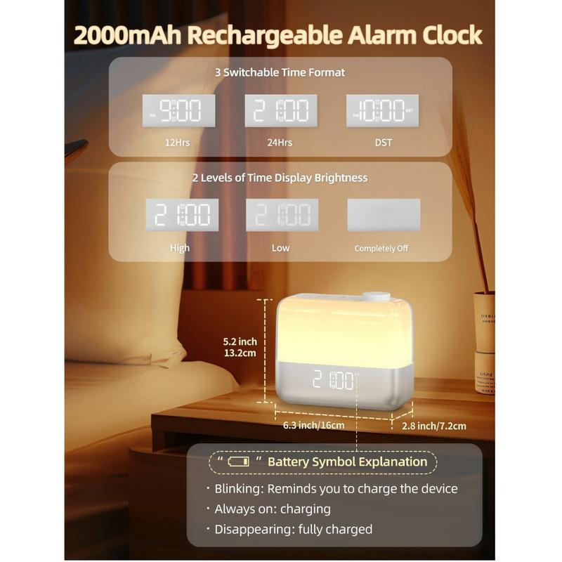 Sunrise alarm clock with 8-color nightlight, dual alarms, 9-min snooze, 6 sounds, 7 volume levels，perfect for any room décor Rechargeable