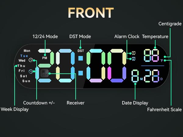 Sailstar Large Digital Wall Clock with Remote, 13.7“ Large Display LED Alarm Clock with Time Date Temp Week, Desk Clock with Countdown Function, 12 24H, Adjustable Brightness for Living Room Decor Light Rgb