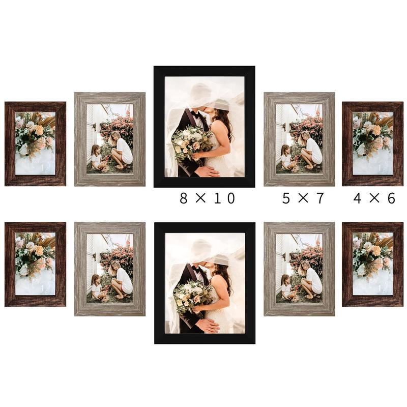 Picture Frame Set 10-Pack, Gallery Wall Frame Collage with 8x10 5x7 4x6 Frames in 3 Different Finishes Decor Photo Room Gift Wood