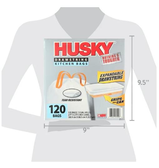 Husky Tall Kitchen White Trash Bags, 13 Gallon, 120 Bags (Expandable Drawstring, 20% PCR)