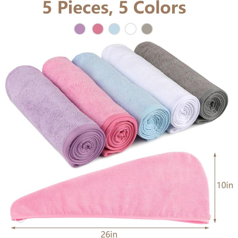 Microfiber Hair Towel Wrap, 5 Pack Hair Turbans, Super Absorbent Quick Dry Hair Towel Wrap for All Hair Types Anti Frizz, Hair Accessories for Women, 26