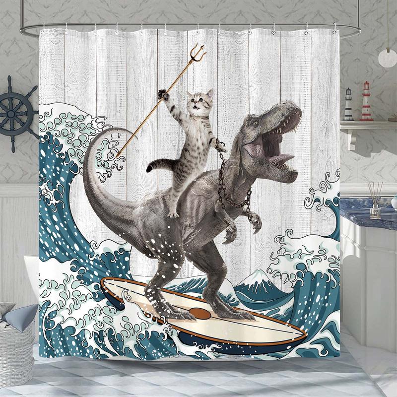 Funny Dinosaur Shower Curtain Brave Cat Shower Curtain Waves Ocean Decor Fabric Shower Curtain Set with 12 Hooks