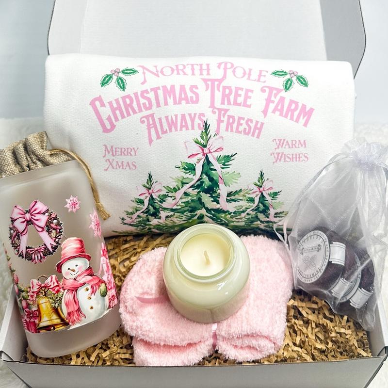 Pink Christmas Gift Box Holiday Present Christmas Care Package Holiday Sweater Christmas Decor Holiday Sweatshirt Christmas Cup Hot Cocoa Santa Claus Sweatshirt Christmas Gift Best Friend Gift Box Sister Present Girlfriend Gift Box