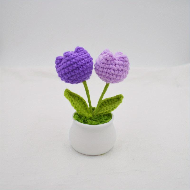 Crochet Tulip Flower Potted Plant Ornament, 1 Count Handmade Knitted Tulip Flower Ornament, Decorative Flower for Home & Car, Home Decor