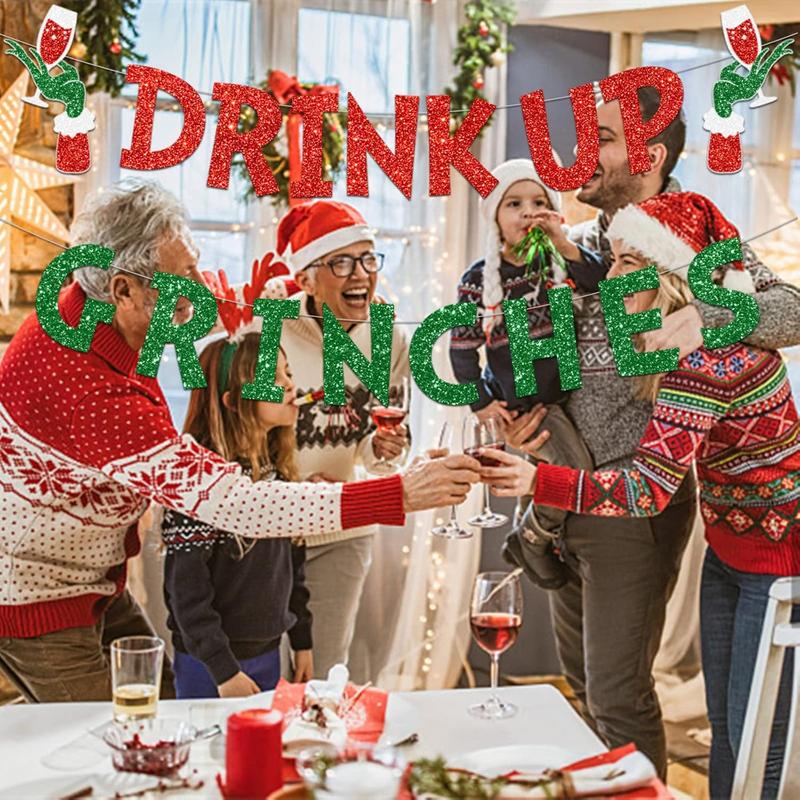 Drink Up Grinches Banner, Glittery Christmas Decorations Banners Winter Holiday Garland Photo Props Banner for Party Home Decorations