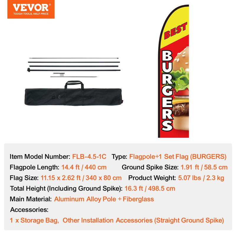 VEVOR Burger Restaurant Advertising Feather Flag with Pole Kit, Advertising Flags for Business Outside, Includes 1 Banner Flag, 1 Pole, 1 Ground Stake, Swooper Flag for Businesses 16.3 FT Aluminum Lightweight