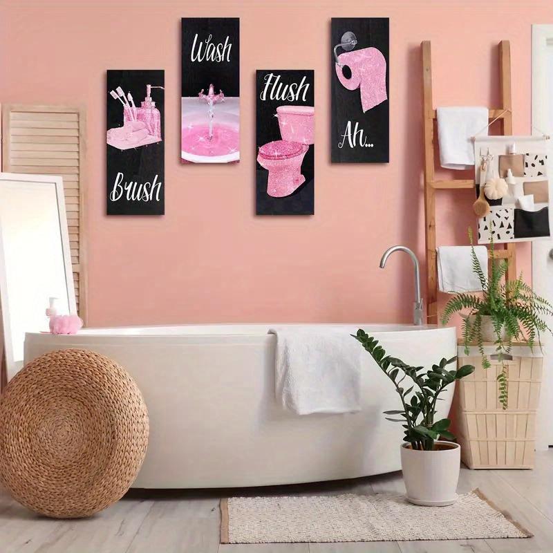 4 PCS Pink Glitter Wooden Signs for Bathroom Wall Decor - Electricity-Free, Non-Feathered Hanging Art Plaques with Wash, Brush, Flush, Ah Quotes - 10x4 Inches for Home & Party Decorations