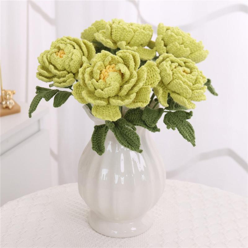 Artificial Peony Bouquet, 6 Counts Handmade Crochet Knitting Faux Flower Bouquet, Decorative Flowers for Home Party Wedding, Vase Not Included