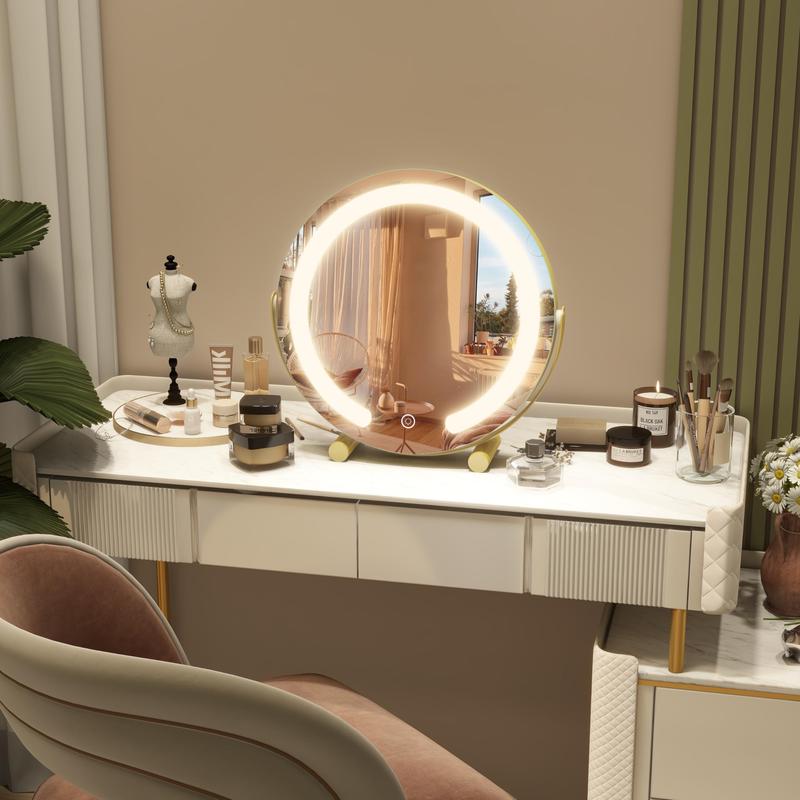 FENNIO Gold Vanity Mirror, 12 Inch Makeup Mirror with Lights, Large Lighted Vanity Mirror, Light Up Mirror with Smart Touch 3 Colors Dimmable, Tabletop Mirror, 360° Rotation Decor Gift