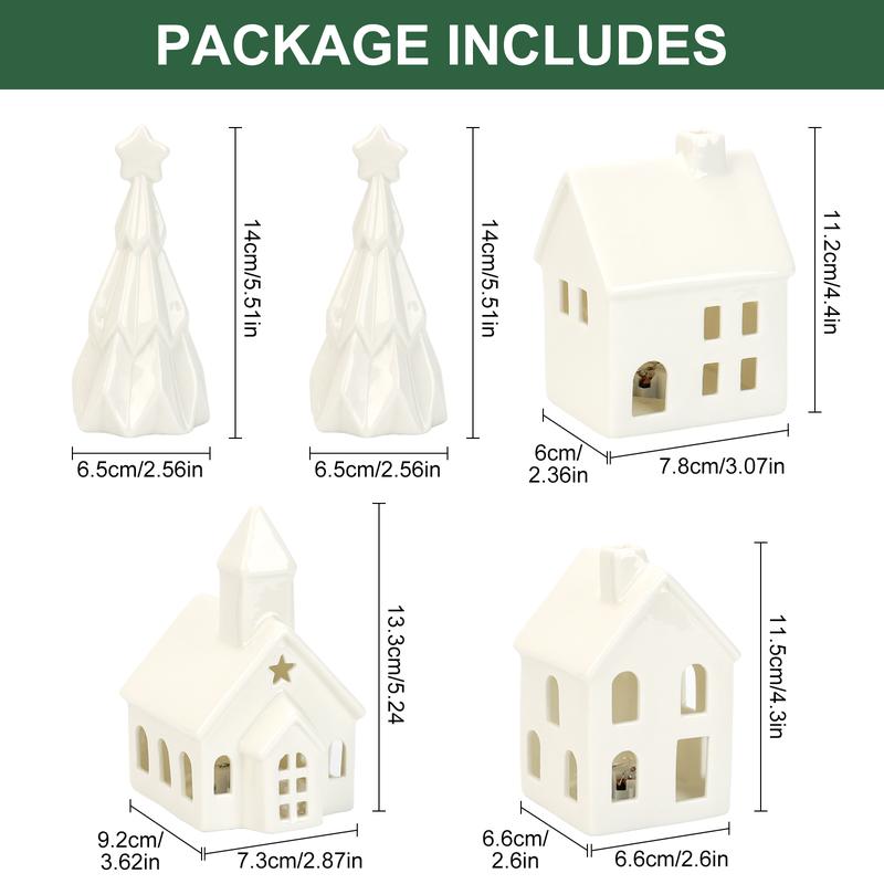 5 pcs Ceramic Christmas Village Set - Includes 3 Illuminated Houses & 2 Trees with Battery Powered LED Lights - Festive Holiday Decor for Christmas, Thanksgiving & Hanukkah - Gift-Ready Centerpiece Decoration