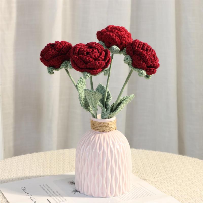 Handmade Knitted Rose, Summer Home Decor Diy Artificial Rose Faux Flowers, Decorative Flower without Vase, Diy Decorative Flowers Bouquet Ornaments for Flower Vase, Room  Flower Arrangement Decor, Bedroom Decor, Fall Decor, Men Gifts Fruit Plants