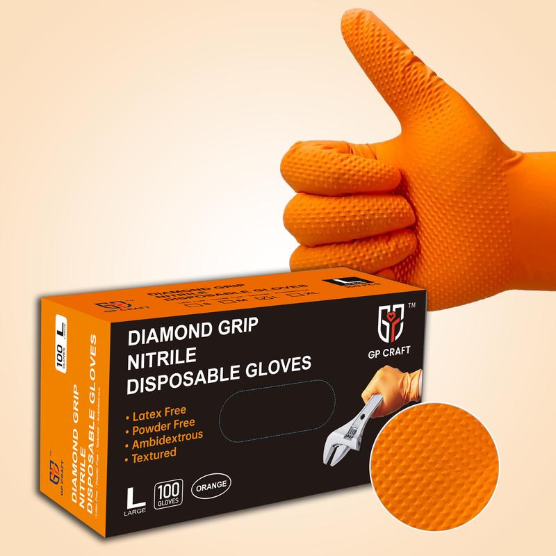 GP Craft 8Mil Orange Diamond Textured Gloves （ Automotive Plumbing Warehouse   Hand Protection  Safety Gloves ) Industrial Cleaning Cover