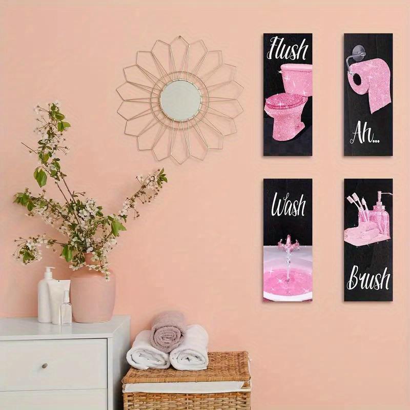 4 PCS Pink Glitter Wooden Signs for Bathroom Wall Decor - Electricity-Free, Non-Feathered Hanging Art Plaques with Wash, Brush, Flush, Ah Quotes - 10x4 Inches for Home & Party Decorations