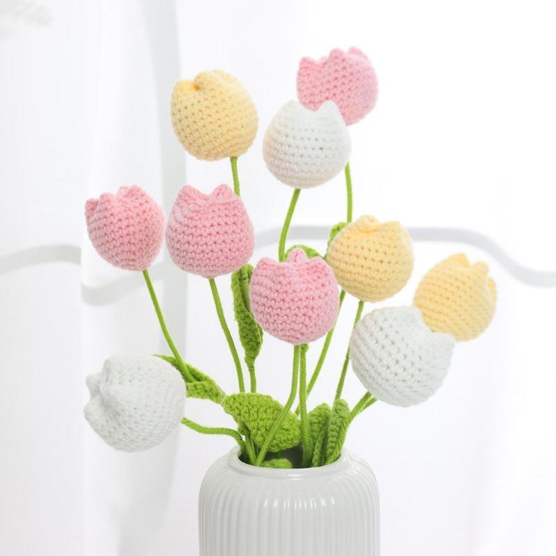 Room Decor Crochet Tulip without Vase, 10pcs set Artificial Flower, Summer Flowers Bouquet, Home Decor Supplies for Living Room Bedroom Dining Room Wedding Party, Fall Decor, Fall Decor