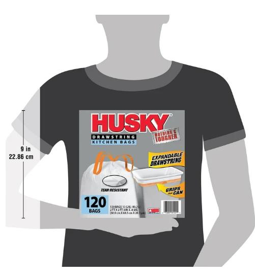 Husky Tall Kitchen White Trash Bags, 13 Gallon, 120 Bags (Expandable Drawstring, 20% PCR)