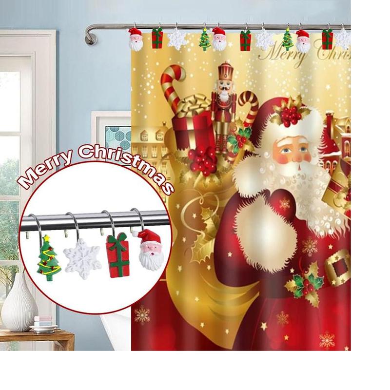 Christmas Themed Shower Curtain Hook, 12pcs set Cute Santa Claus & Snowflake & Gift Box Design Shower Curtain Hook, Bathroom Accessories for Home Salon Dormitory Hotel