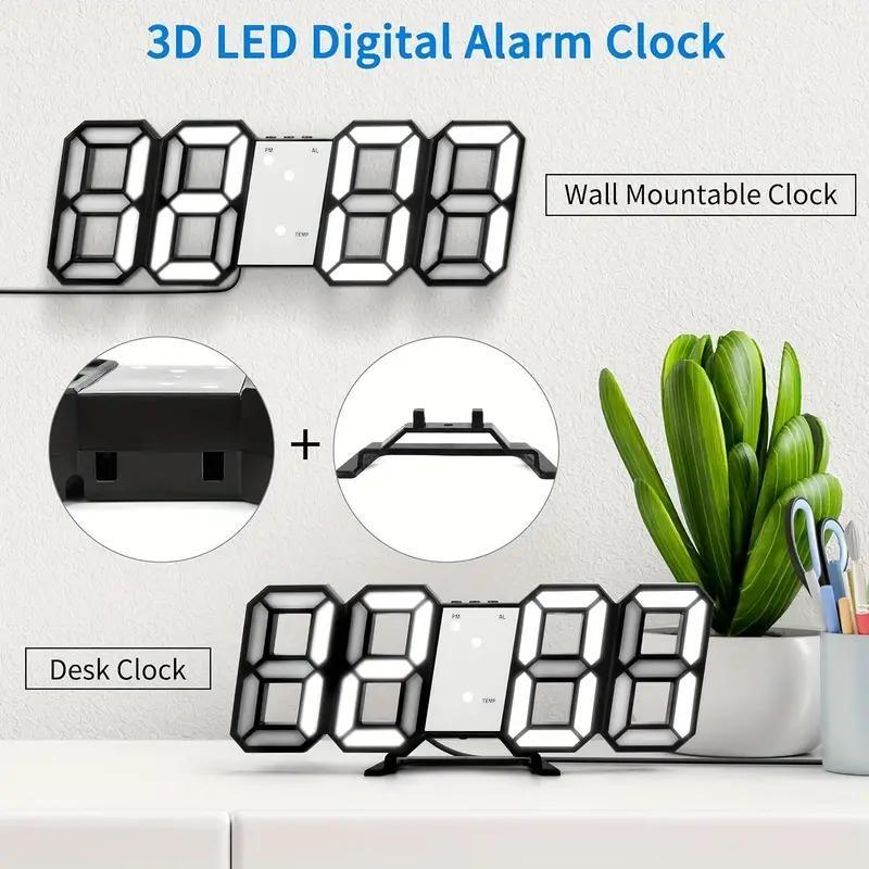 Modern 3D LED Digital Clock, USB Powered Alarm Clock with Night Light, Adjustable Brightness Clock for Desk or Wall, Perfect for Bedroom Decor