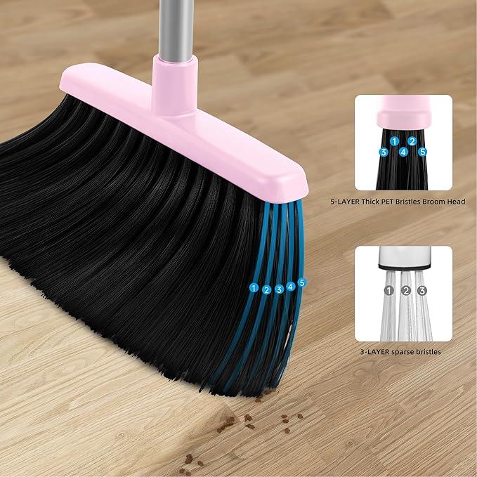 Broom and Dustpan Set, Outdoor Broom Dustpan Combo Set Home Commercial Cleaning Supplies Angle Broom with Long Handle Perfect for Courtyard Garage Street Pink