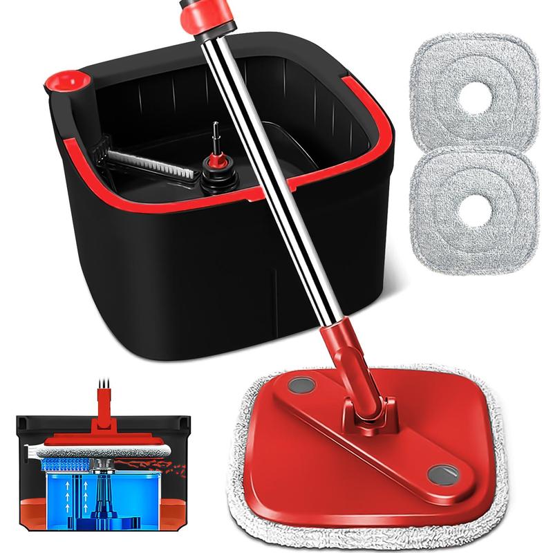 TIKAATOK <Black and Red >Hardwood Floor Mop and Bucket Set - 360% Rotatable, With 2 6 Microfiber Pads