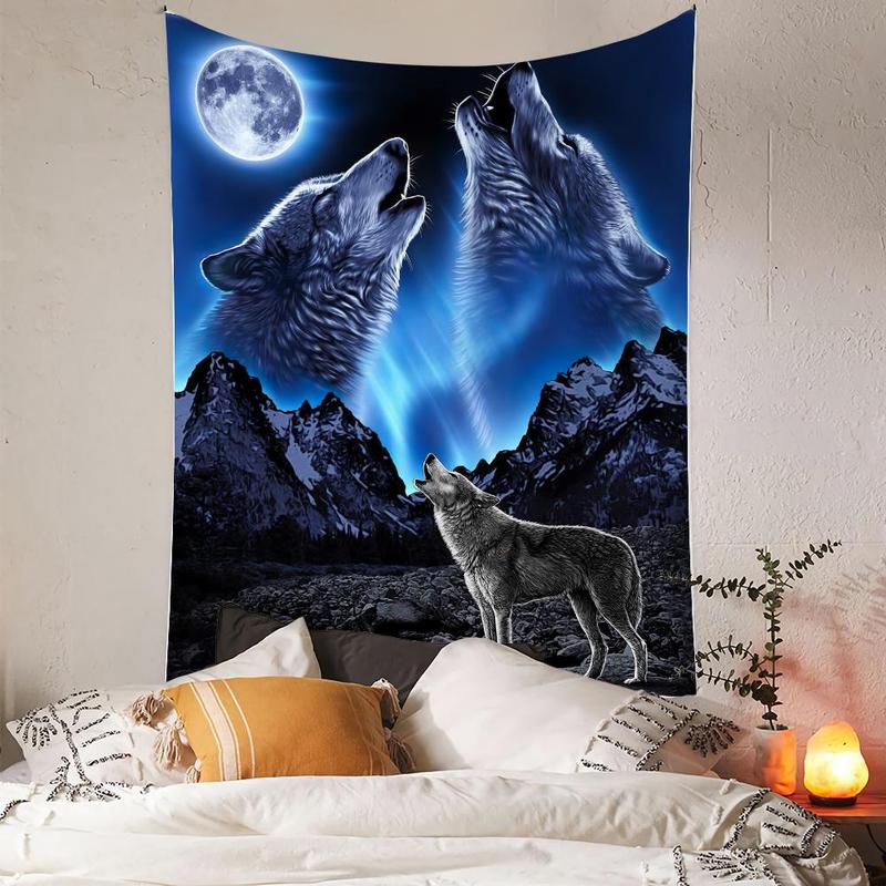 Wolf and Moon Pattern Wall Tapestry, 1 Count Modern Artwork Decorative Hanging Blanket with Accessory, Wall Decor for Living Room Bedroom, Festival Decorations for Home Spring Decor 2024, Ideal for Holiday, Cool Bedroom Accessories