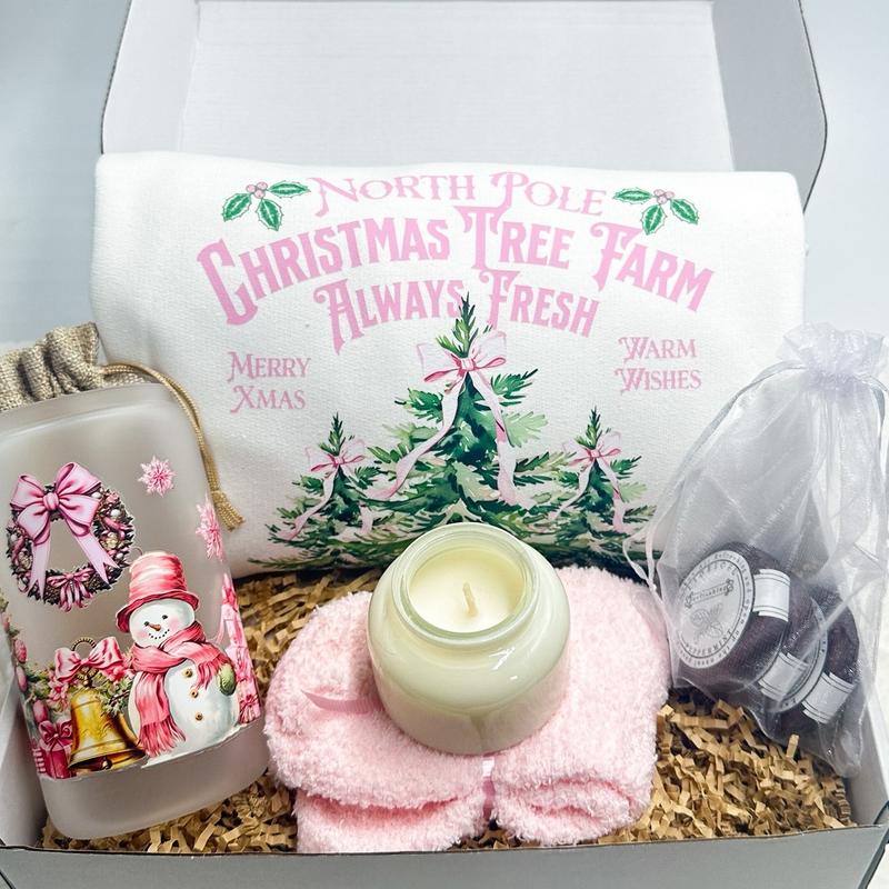 Pink Christmas Gift Box Holiday Present Christmas Care Package Holiday Sweater Christmas Decor Holiday Sweatshirt Christmas Cup Hot Cocoa Santa Claus Sweatshirt Christmas Gift Best Friend Gift Box Sister Present Girlfriend Gift Box