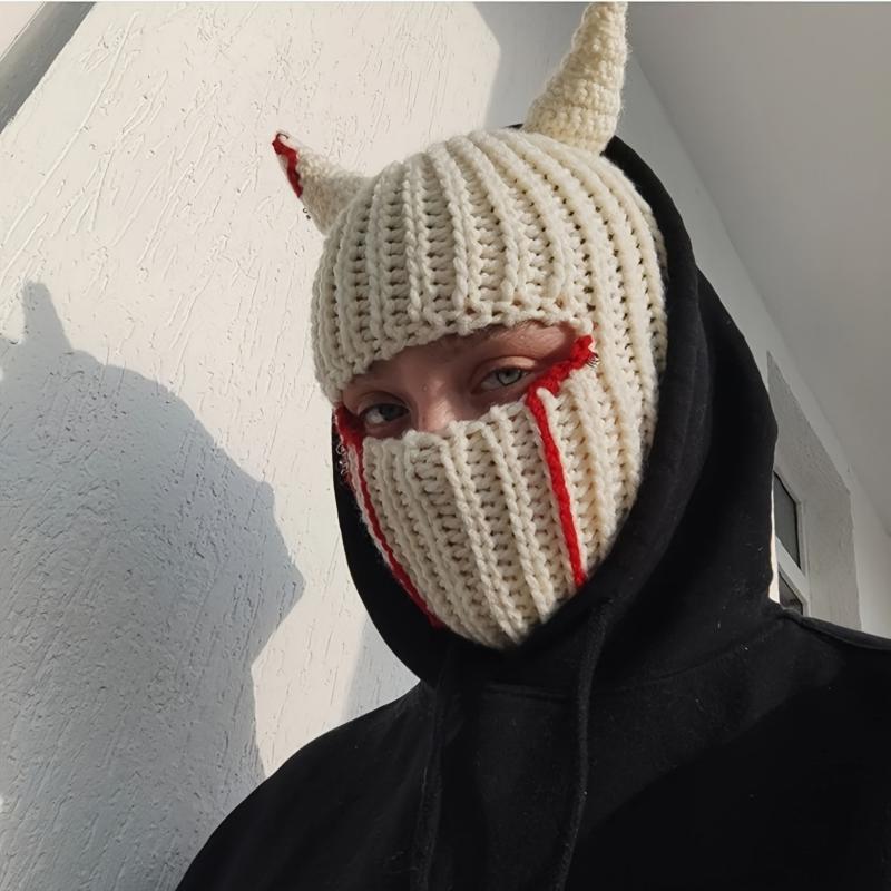 1pc Knitted Funny Unisex Devil Horn Mask, Cool Creative Headgear for Festival Party, Autumn and Winter Handmade Hip-hop Warm Hat