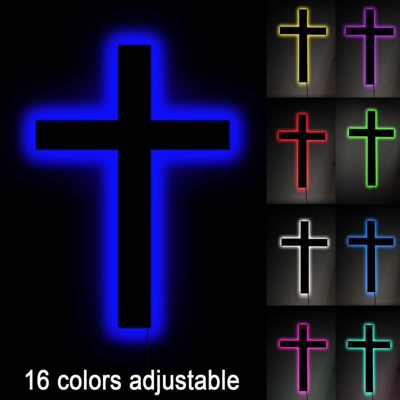 Cross for Wall Decor with Cross Necklace Chain Christianity Christian Gifts Jesus Stuff Crucifix Signs Aesthetic Rustic Home Bedroom Room Decor 16 Colors Remote for Party Catholic Decoration Christianity