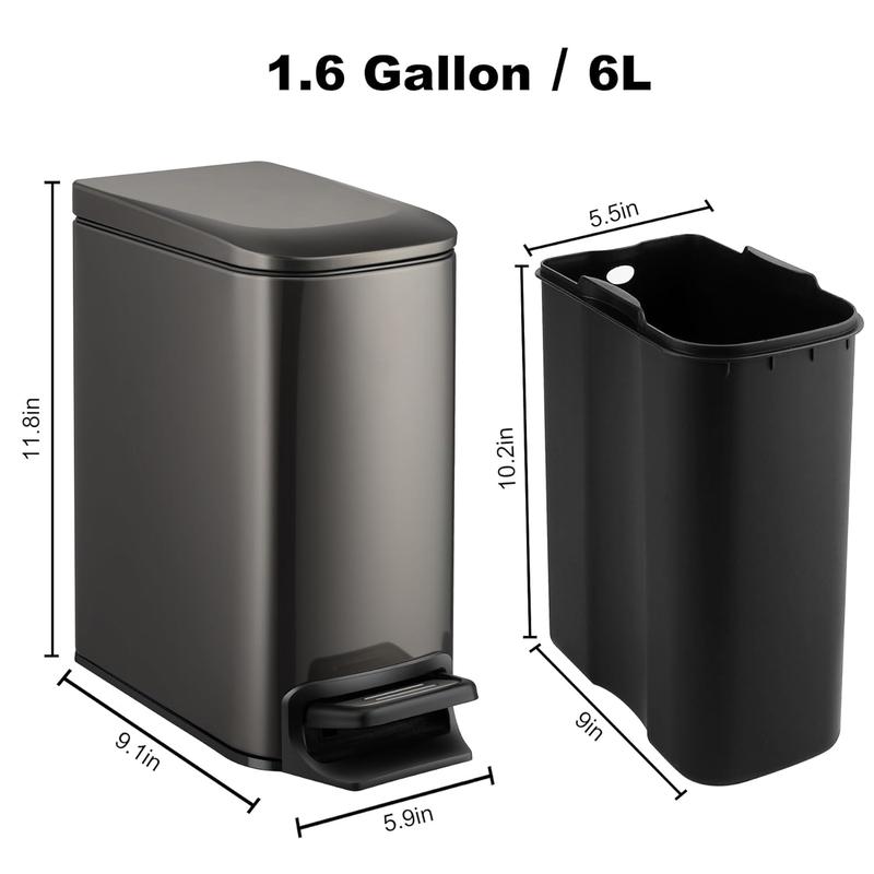 Slim Bathroom Trash Can with Lid Soft Close, 6 Liter   1.6 Gallon Stainless Steel Garbage Can with Removable Inner Bucket, Step Pedal, Small Trash Cans for Bedroom, Office, Kitchen