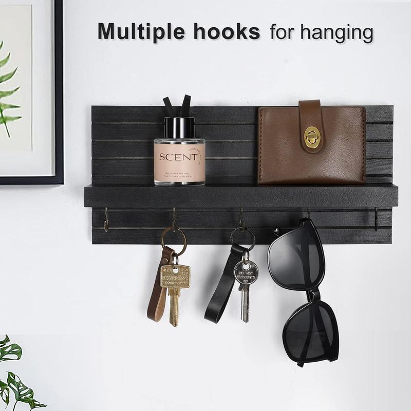 Decorative Key Holder for Wall with Shelf, Entryway Shelf with Hooks Holds Leashes, Jackets and Glasses – Sturdy Wood Keyholder Entrance Hanger with Mounting Hardware (11.8” x 5.5” x 3.1”) (Black) Shelves Hanging