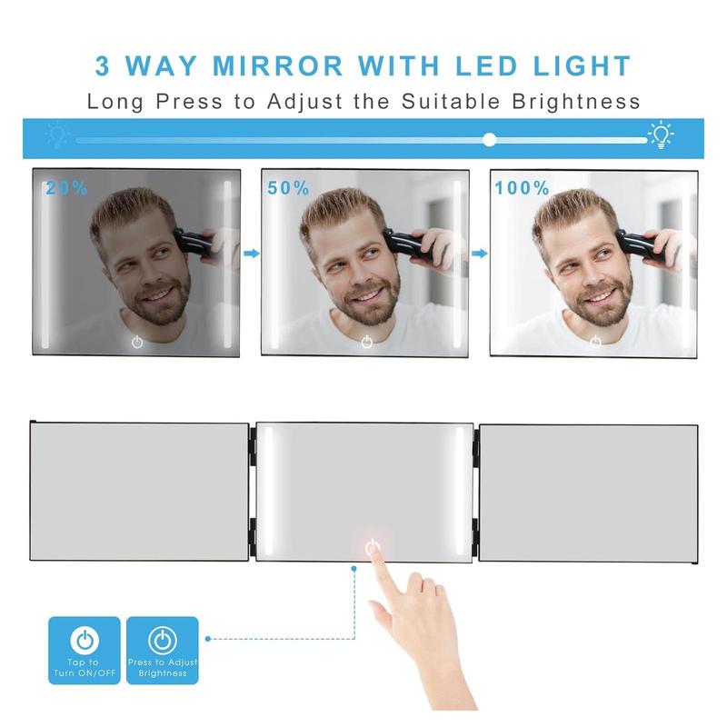 360 Degree LED Mirror, 1 Box 3 Way Mirror for Hair Cutting, Height Adjustable Telescoping Hook, Hair Cutting Mirror for Men Women