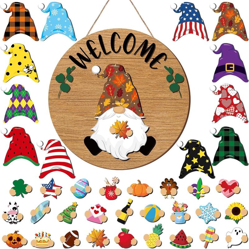 29 Pcs Fall Interchangeable Gnomes Decorations for Home Welcome Front Door Sign Seasonal Wooden Home Decor with Magnet Wall Decoration Detachable Hat for Halloween Christmas