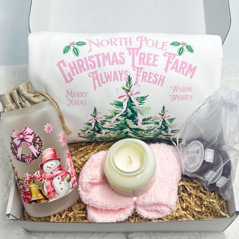 Pink Christmas Gift Box Holiday Present Christmas Care Package Holiday Sweater Christmas Decor Holiday Sweatshirt Christmas Cup Hot Cocoa Santa Claus Sweatshirt Christmas Gift Best Friend Gift Box Sister Present Girlfriend Gift Box