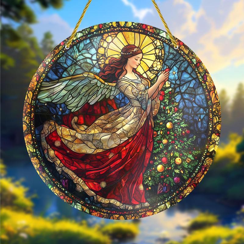 Angel Design Hanging Decoration, 1 Count Round Hanging Sun Catcher, Birthday Christmas Holiday Decor for Home Living Room Bedroom