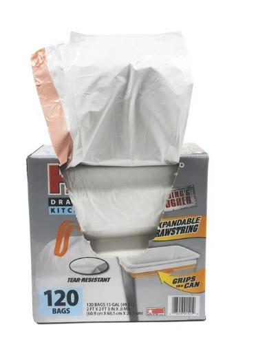 Husky Tall Kitchen White Trash Bags, 13 Gallon, 120 Bags (Expandable Drawstring, 20% PCR)