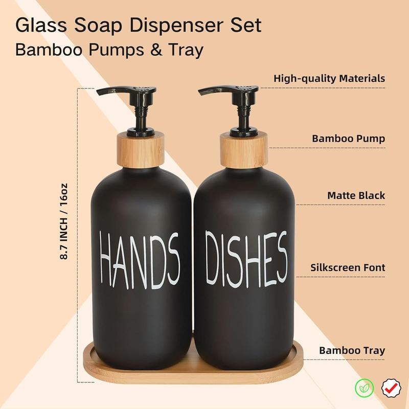 Glass Soap Dispenser Set with Bamboo Tray, Vintage Hand & Dish Soap Dispensers for Kitchen Sink or Bathroom, Permanent Labels (Matte Black)