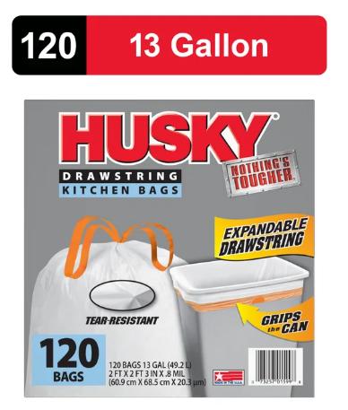 Husky Tall Kitchen White Trash Bags, 13 Gallon, 120 Bags (Expandable Drawstring, 20% PCR)