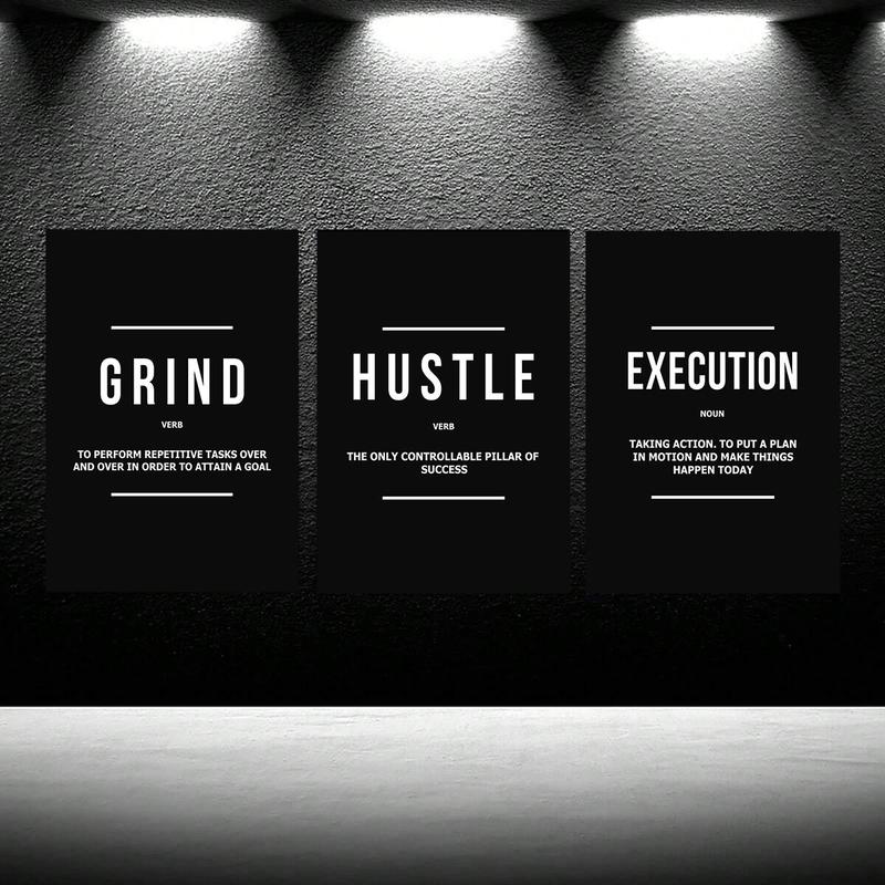 Unframed Modern Art Poster, 3 Counts set Motivational Grind Hustle Success Inspirational Quotes Canvas Wall Art, Office Decor, Entrepreneur Gifts