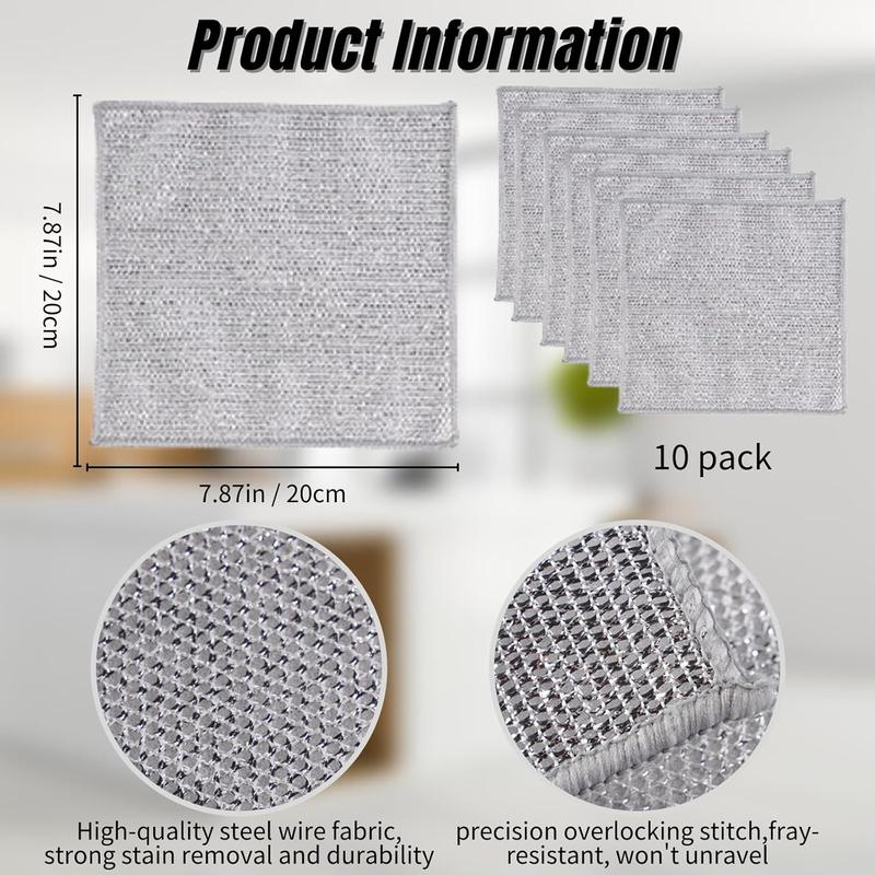 10 Pack Multifunctional Non-Scratch Wire Dishcloth for Kitchen - Silver Wire Washing Cloth Rags