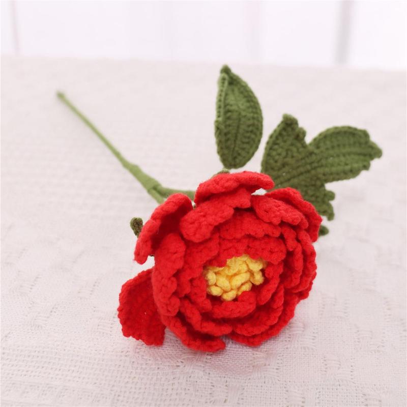 Artificial Peony Bouquet, 6 Counts Handmade Crochet Knitting Faux Flower Bouquet, Decorative Flowers for Home Party Wedding, Vase Not Included