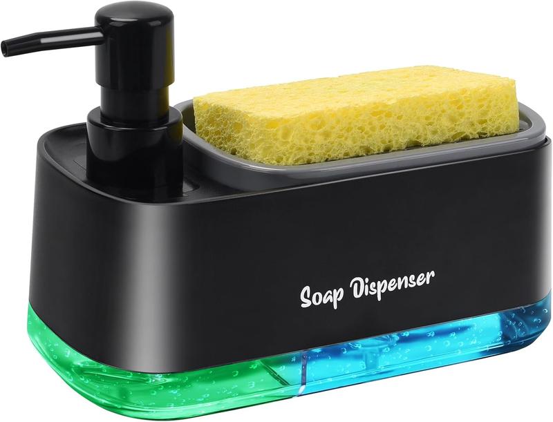 Kitchen Dish Soap Dispenser SetDish and Hand Soap Dispenser with Sponge Holder, 3-in-1 Countertop Sponge Dual Soap Pump Dispenser for Kitchen Sink - Black