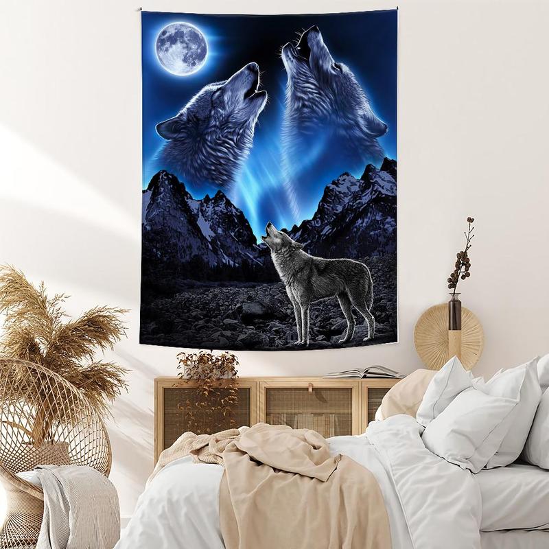 Wolf and Moon Pattern Wall Tapestry, 1 Count Modern Artwork Decorative Hanging Blanket with Accessory, Wall Decor for Living Room Bedroom, Festival Decorations for Home Spring Decor 2024, Ideal for Holiday, Cool Bedroom Accessories