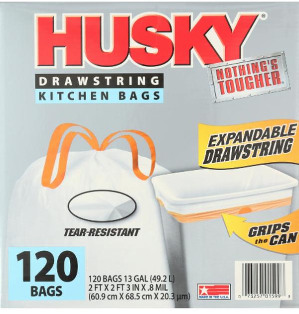 Husky Tall Kitchen White Trash Bags, 13 Gallon, 120 Bags (Expandable Drawstring, 20% PCR)