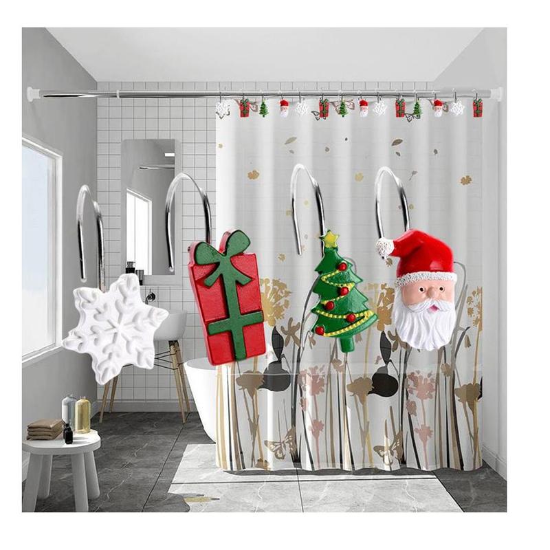 Christmas Themed Shower Curtain Hook, 12pcs set Cute Santa Claus & Snowflake & Gift Box Design Shower Curtain Hook, Bathroom Accessories for Home Salon Dormitory Hotel