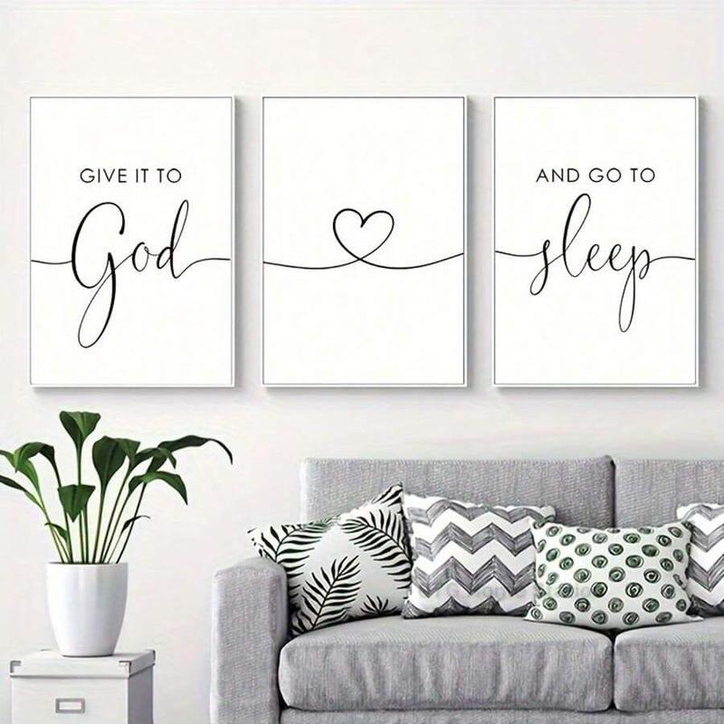 Bible Verse Themed Canvas Painting without Frame, 3 Counts set Give It To God and Go To Sleep Letter & Heart Pattern Wall Art, Wall Decor for Home Bedroom