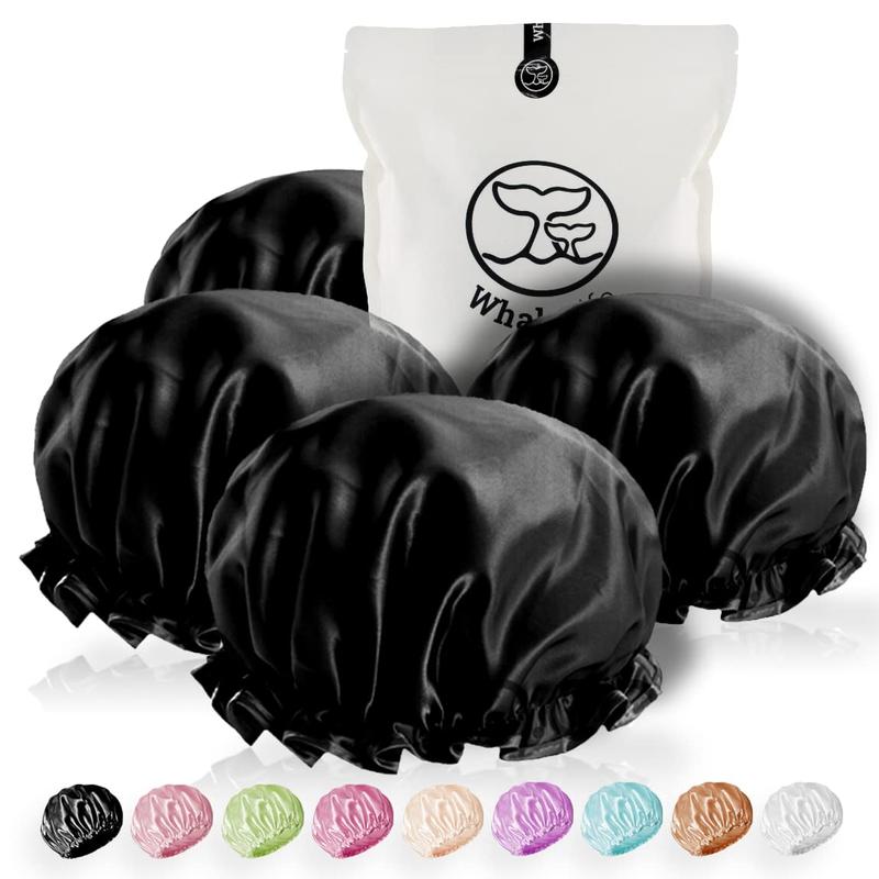 Reusable Shower Cap for Men, Women (Black 4 Pack ) Satin Double Layer EVA  Long Hair Cap