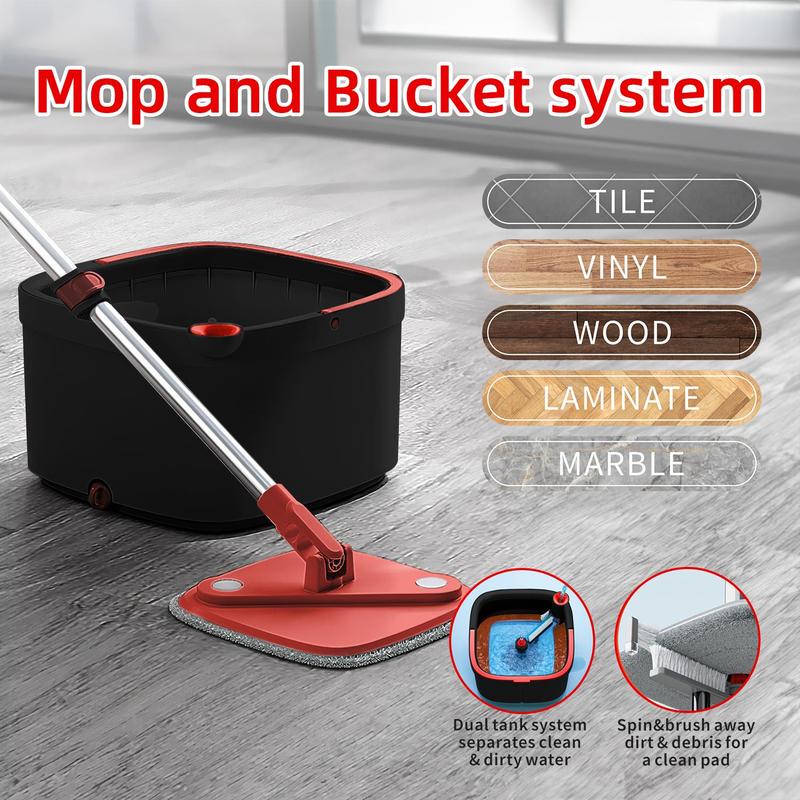 TIKAATOK <Black and Red >Hardwood Floor Mop and Bucket Set - 360% Rotatable, With 2 6 Microfiber Pads