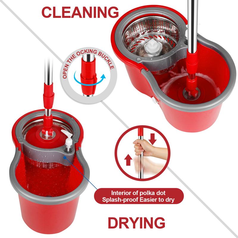 Spin Mop and Bucket Set with Wringer and 3 Microfiber Refills - 61'' Adjustable Stainless Steel Handle - Household Cleaning  Plastic Tools