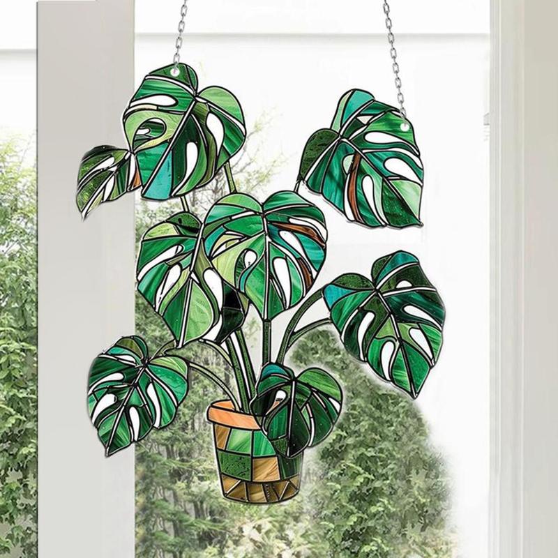 Potted Plant Design Hanging Ornament, 1 Count Creative Design Acrylic Decor, Suitable for Home, Office Or Garden, Unique Leaf Acrylic Decoration